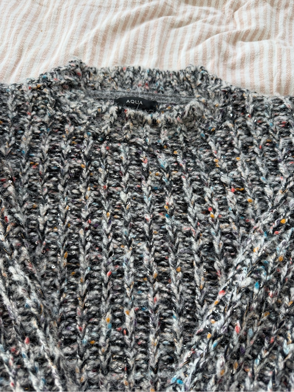 Aqua Charcoal Marled Crewneck Sweater with Multicolor Speckles